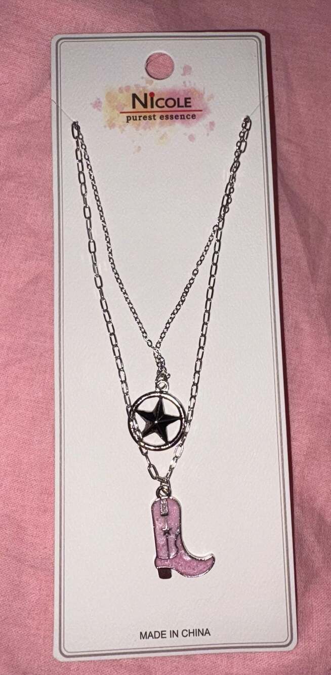 Nicole Purest Essence Layered Silver Star and Pink Glitter Cowboy Boot Necklace